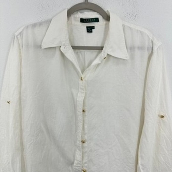 Lauren Ralph Lauren White Linen Button Down Shirt Womens XL Roll Tab Long Sleeve - Picture 2 of 7